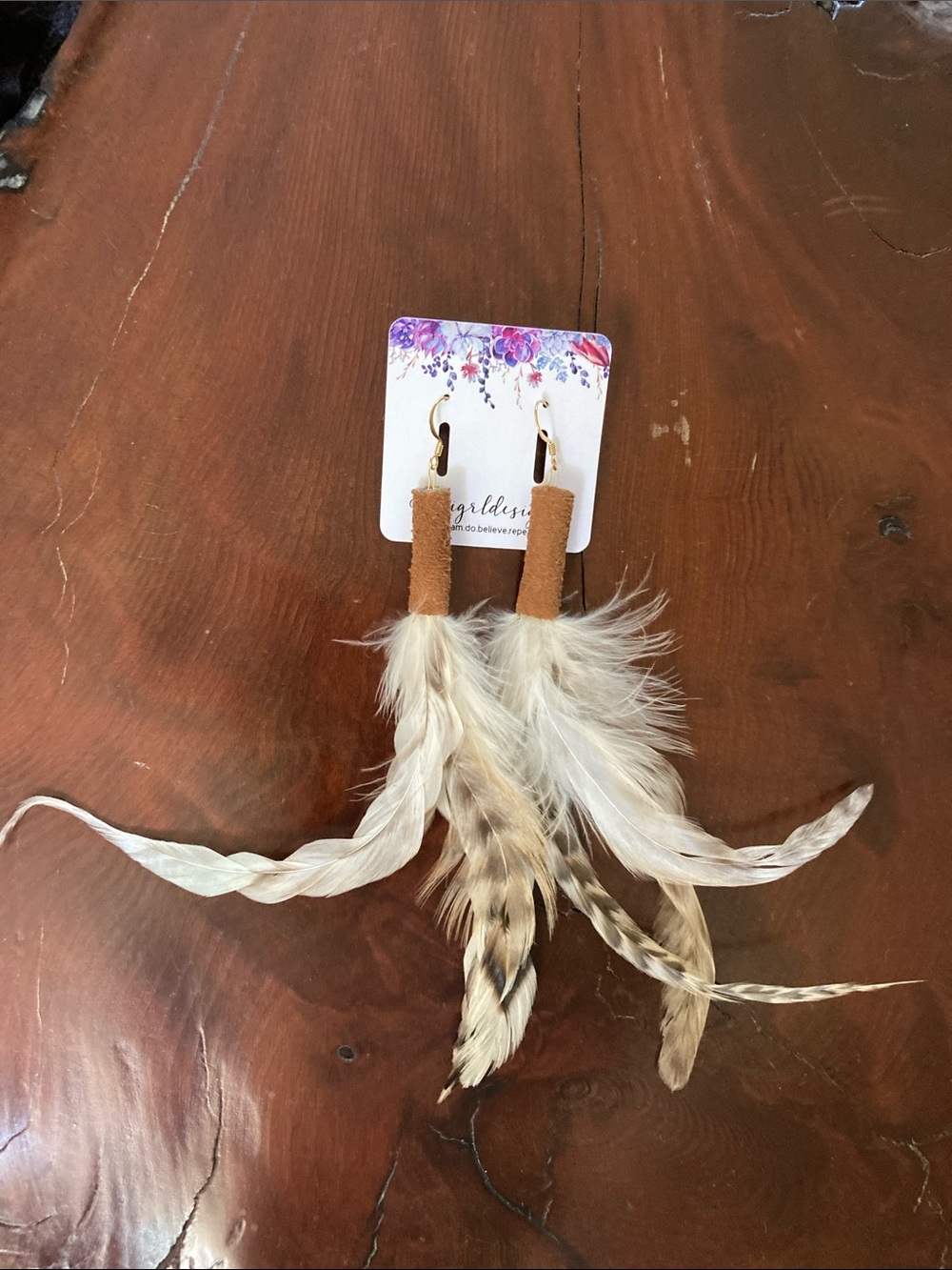 Natural Feather & Genuine Leather Extra-Long Earrings – Gold-Plated Hooks - Picture 2 of 5